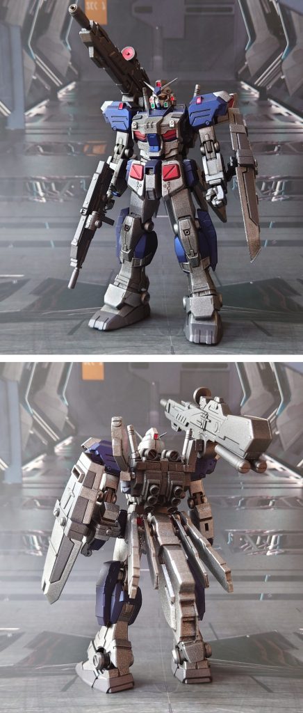 フルアーマーガンダム7号機、基本装備で前後ろ。塗装以外の工作としては、いつも通りの肉抜き穴埋め、段ズレ・ヒケ・パーティングライン対処、市販パーツでのディティールアップ。更に、自分の技術習得のために、“合わせ目消し”を可能な限り施してみました。完璧ではないにしても、まあ及第点の出来かなと思います。■塗装レシピ銀：黒サフ→シャインシルバー→つや消し青：黒サフ→シャインシルバー→ディープメタリックブルー→つや消し赤:黒サフ→メタリックレッド→つや消し薄グレー：黒サフ→ブライトガンメタル→つや消し黒：黒サフ→ガンメタル→つや消し関節等グレー:黒サフ→シャインシルバー→メタリックグレー→つや消しバックパック、ビームキャノン、ミサイルポッド本体:黒サフ→メタリックグレー→つや消しミサイルポッド弾頭:白サフ→MSレッド→つや消しミサイルポッドレドーム:グレーサフ→MSホワイト→つや消しポリキャップ:PPプライマー→メタリックグレー→つや消しビームサーベル刃エフェクト:根本側にMSホワイト→先端側にメタリックレッド→全体に蛍光ピンクガトリングユニット:黒サフ→ガンメタル→つや消しガトリングユニット給弾ベルト:PPプライマー→黒サフ→ブライトガンメタル→つや消しMSファンネル・コンテナ部分:黒サフ→MSグレー連邦系MSファンネル・ファンネル部分：上記赤と同じセンサー類:キット付属シール、市販シール素材を使用(トップコート後に貼り付け)その他部分塗装、墨入れ:ガンダムマーカー各種(トップコート前に実施)