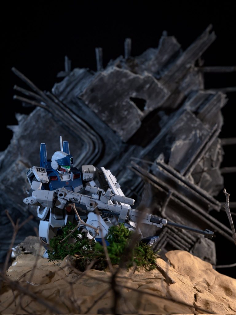 コロニーの落ちたその地で残留ミノフスキー粒子を隠れ蓑に試作超射程ライフルをマニュアル照準で構えるスナイパー。モニターに映るレティクルの十字には見慣れないずんぐりとした黒いMSが重なっている。「あれがスカート付きってヤツか・・こんな僻地までご苦労なことで・・」そう独り言を呟きながコントロールレバーの人差し指がそっと絞られとゆく。特務仕様のジムスナイパーⅡとアンチマテリアルライフルをイメージした組み合わせの極大射程をイメージしてみました。