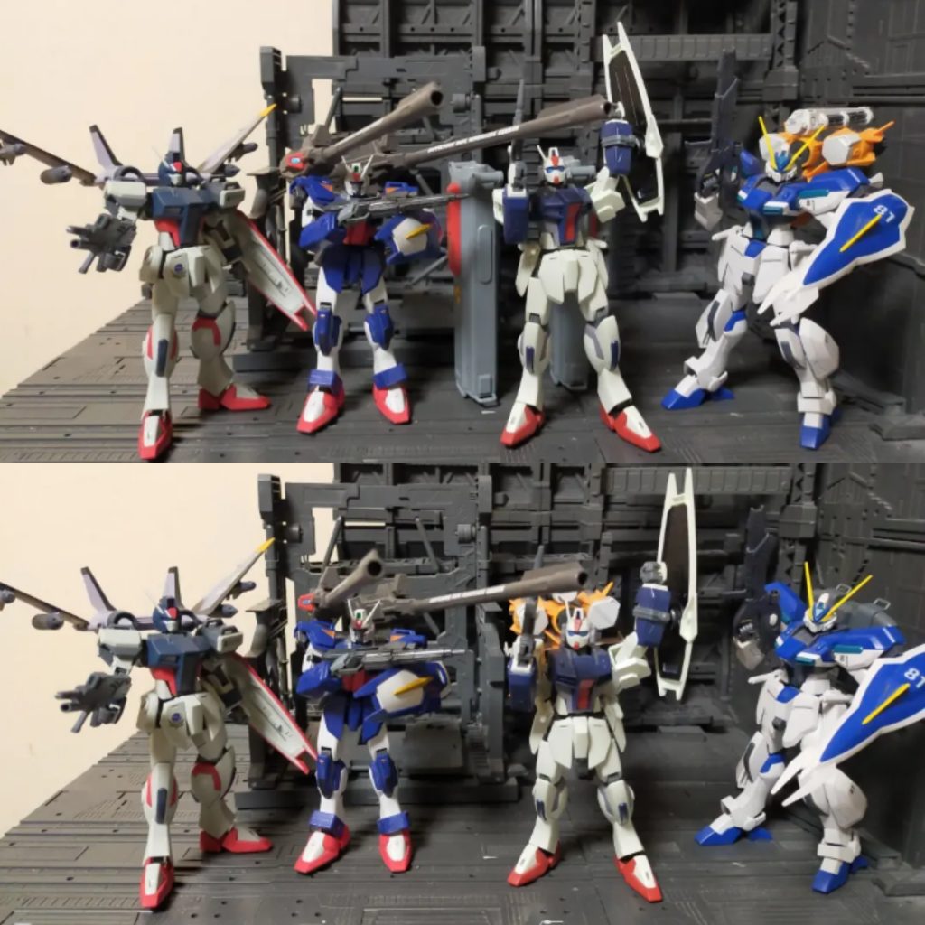 歴代地球連合軍の量産機集合写真。敢えて有り得ないストライカーパックシャッフルでの撮影。