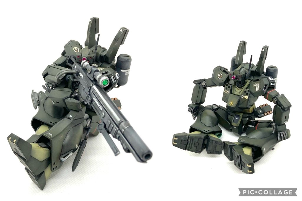 最後はシッティング(座り込み)。MSがこの姿勢をとる意味はあまりないかもしれませんが、ここは作者のこだわりです。股関節の可動域をあぐらがかけるくらいまで広げて実現。背中にシールドをマウントして支えにすれば安定して射撃できるようになりますが、写真はシールドなしでも座れることを証明するため、あえてシールドなしです。この姿勢の実現が一番苦労しました。