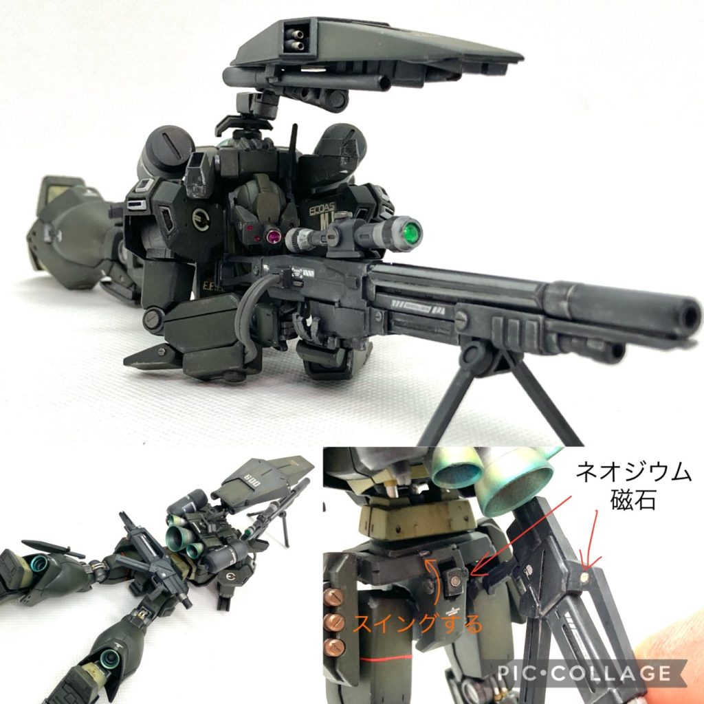 次はブローイング(伏せ)です。首を最大限上に向けられるように改修することで実現。スナイパーライフルにはバイポッドを装備。肘は地面についてもアクチュエーターを傷めないようにするためと接地性を高めるためにエルボーパッドを追加してあります。シールドは背中にマウントし、日よけや雨よけ、バルカンの砲台としても使用可能。ビームライフルはネオジウム磁石で腰にマウント。基部はスイングして膝立ちのポージングの邪魔にならないようにしてあります。縦刺しだったビームライフルのEパックも斜め刺しに改修。大型のスナイパーライフルは取り回しが悪いので、通常のビームライフルも携帯しているという設定です。