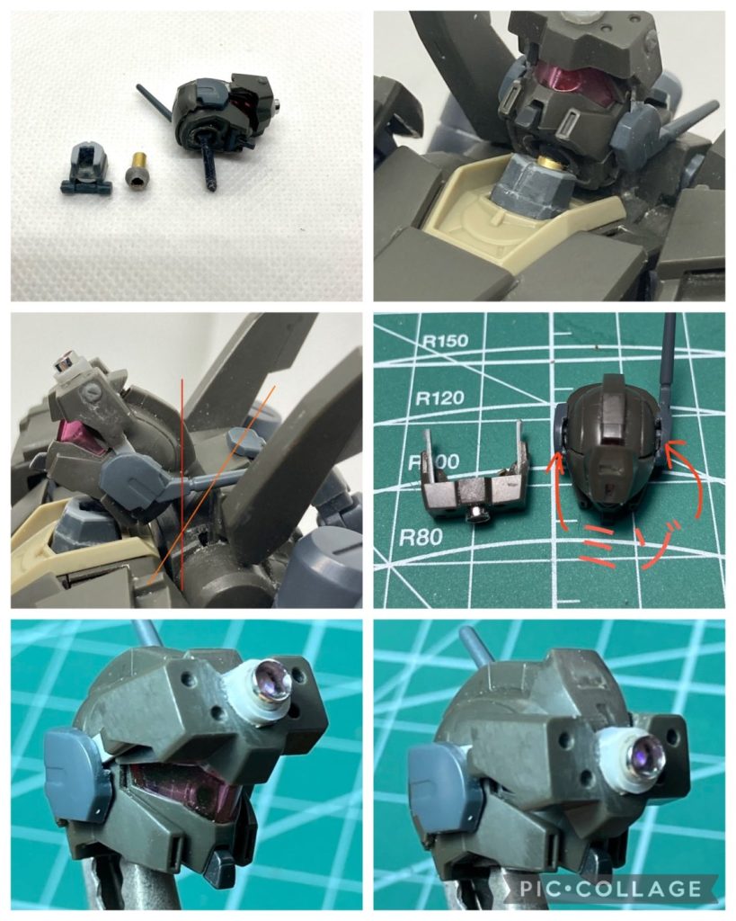 首の関節です。内部にボールを仕込み、上を向きやすく加工。真鍮パイプでワンポイント。真鍮パイプから軸を引き出すことで首をかしげる動作などが可能です。干渉するバックパックの上部は大きく削りとりました。エコーズ仕様の特徴である増設のバイザーは差し替え式だったので可動式に改修し、コンロイ機のような大型カメラを追加しました。このカメラとクリアパーツから透けて見えるメインカメラはダイソーのカツラで自作しました。