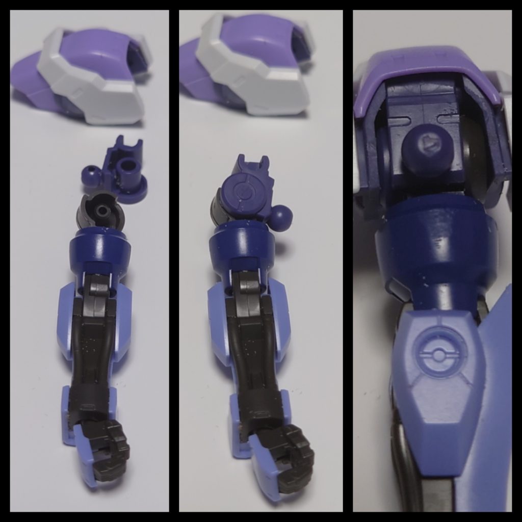 肩はジークルーネのままでは、べギルベウの胴体に接続出来ないので、ボールジョイントが付いたパーツをべギルベウの物に置き換え。ただ被せただけでは穴の大きさが合わないのでユルユルですが、肩アーマーを被せて上げることで肩パーツが挟み込まれて程よいシブさに。はい。力技です！