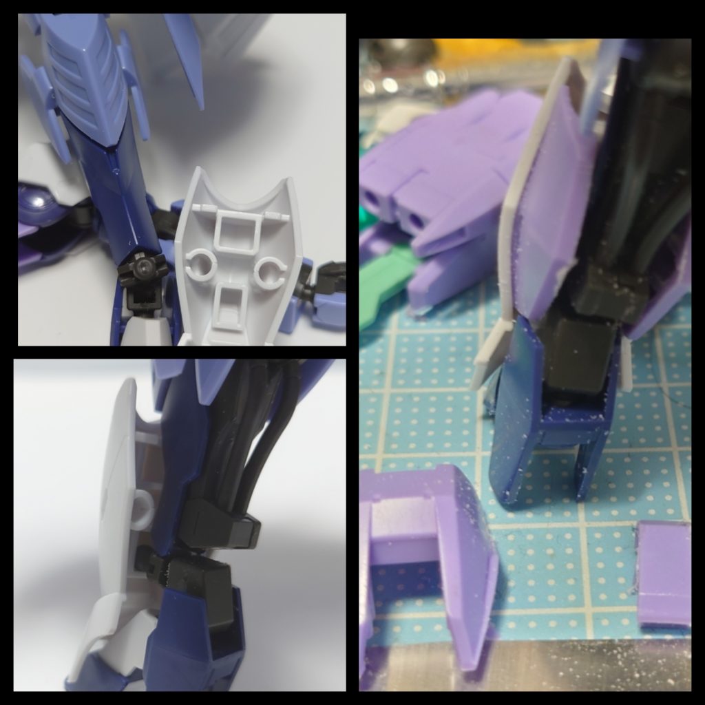 脚部の装甲はジークルーネのアンクルアーマー（？）を外したボールジョイントに、バラしたべギルベウの脚部をぶっ刺したもの。ここは特別な加工も必要なくはまります。でもこれだけでは寂しいのでふくらはぎ側の装甲をエッチングソーで切り離して側面も覆う形に。