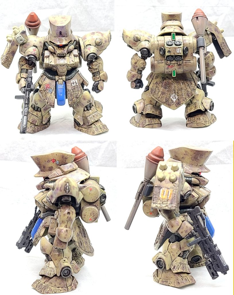 MoKaMoNaさんは一般機を製作されていたので、ただのモノマネにならないように、また、いつの日かお会いした時に並べさせていただきたくて、近藤版コミックに登場する指揮官機の頭部をスクラッチしました。それと、近藤風味の一環として、バックパックにシュツルムファウストをマウントさせました(コトブキヤさんのボムセットより。柄を短くしただけですが😅)。