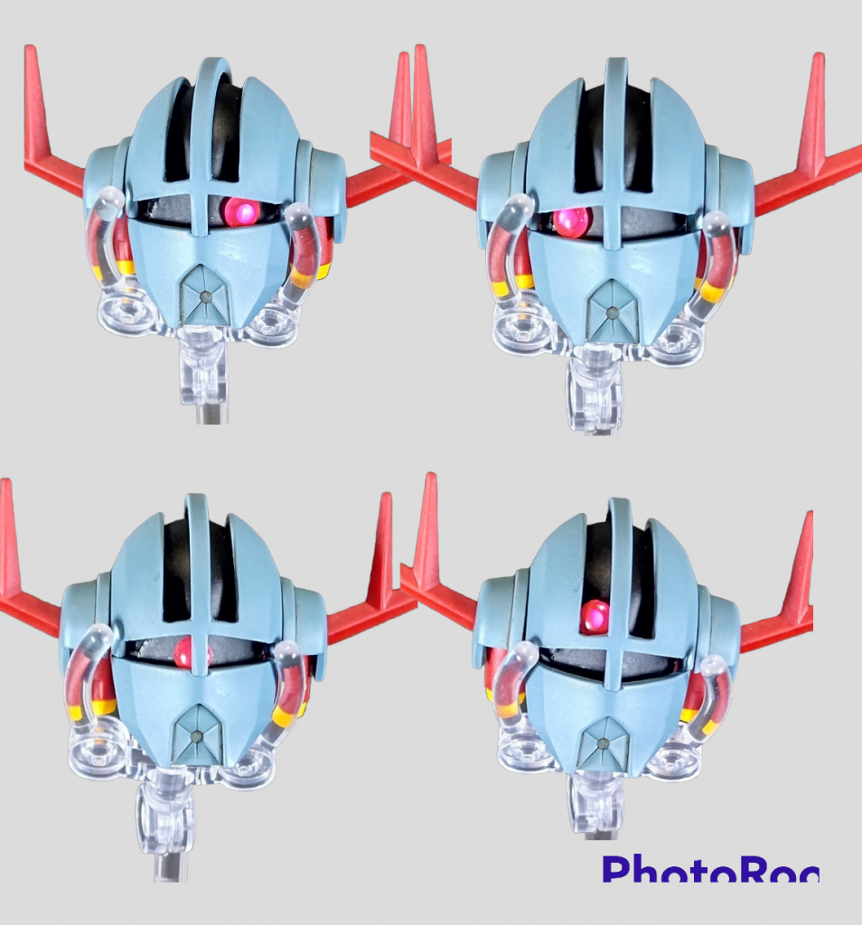 そして今回唯一の手をいれたところモノアイが動きますHアイズに磁石仕込み、頭部裏側にステンレステープを張り付けただ、元がシールなのでスペースがなく、黒い部分は裏からプラ板張り付けてかなり削りましたお陰で正面ならかなりモノアイが動きますザクとかにも応用できそうなのでそっちでもやってみたいですね