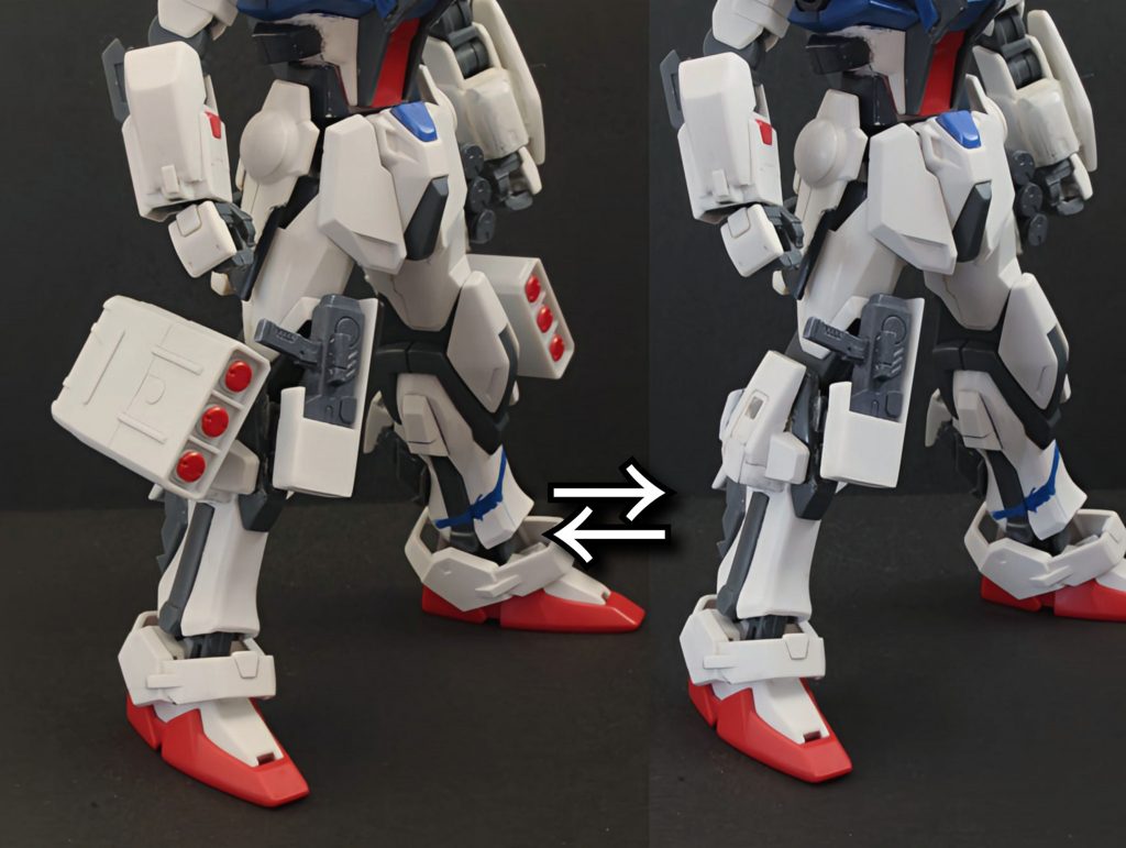  両脚部の側部はミサイルポット等のオプション変更が可能