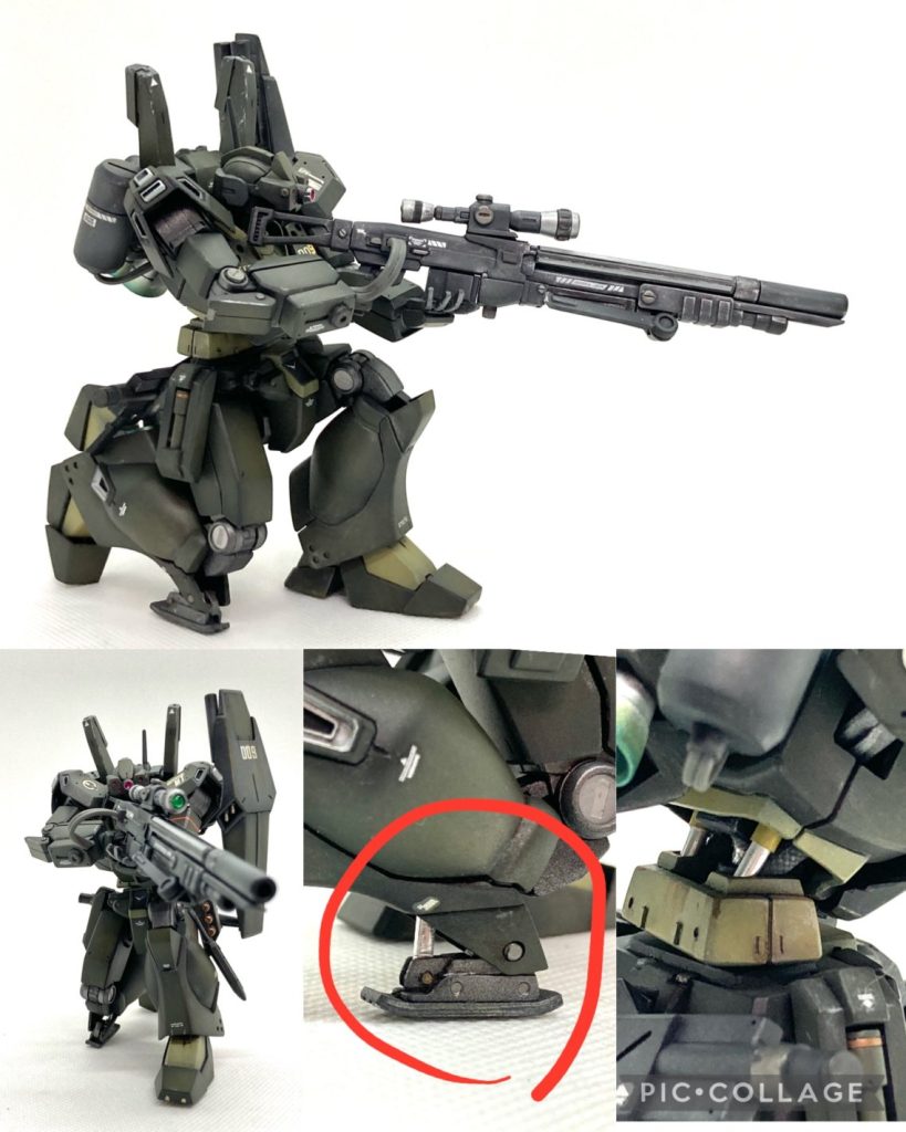 次は二―リング(膝立ち)です。膝、胴の可動域を広げ、つま先の関節を追加。フロントアーマーは左右が独立して可動するように改修。胴を大きく曲げたときのすき間にはアルミと真鍮のシリンダー、軟質素材のケーブルがチラ見えするようにしました。右ひざには可動式の二―パッドを追加。アルミ棒と真鍮パイプで伸縮するシリンダーを再現。