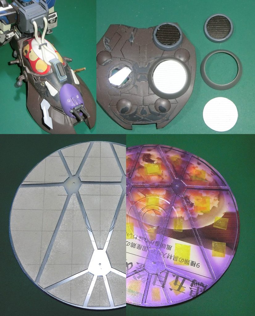 背部にエネルギーケーブル等追加 後部に設定にある砲塔を追加DVDスピンドルケースのプラ板表裏にグラデ塗装、前面にガンダムマーカー月光蝶ホログラムをエアブラシで塗装し、陽電子リフレクターエフェクトを製作
