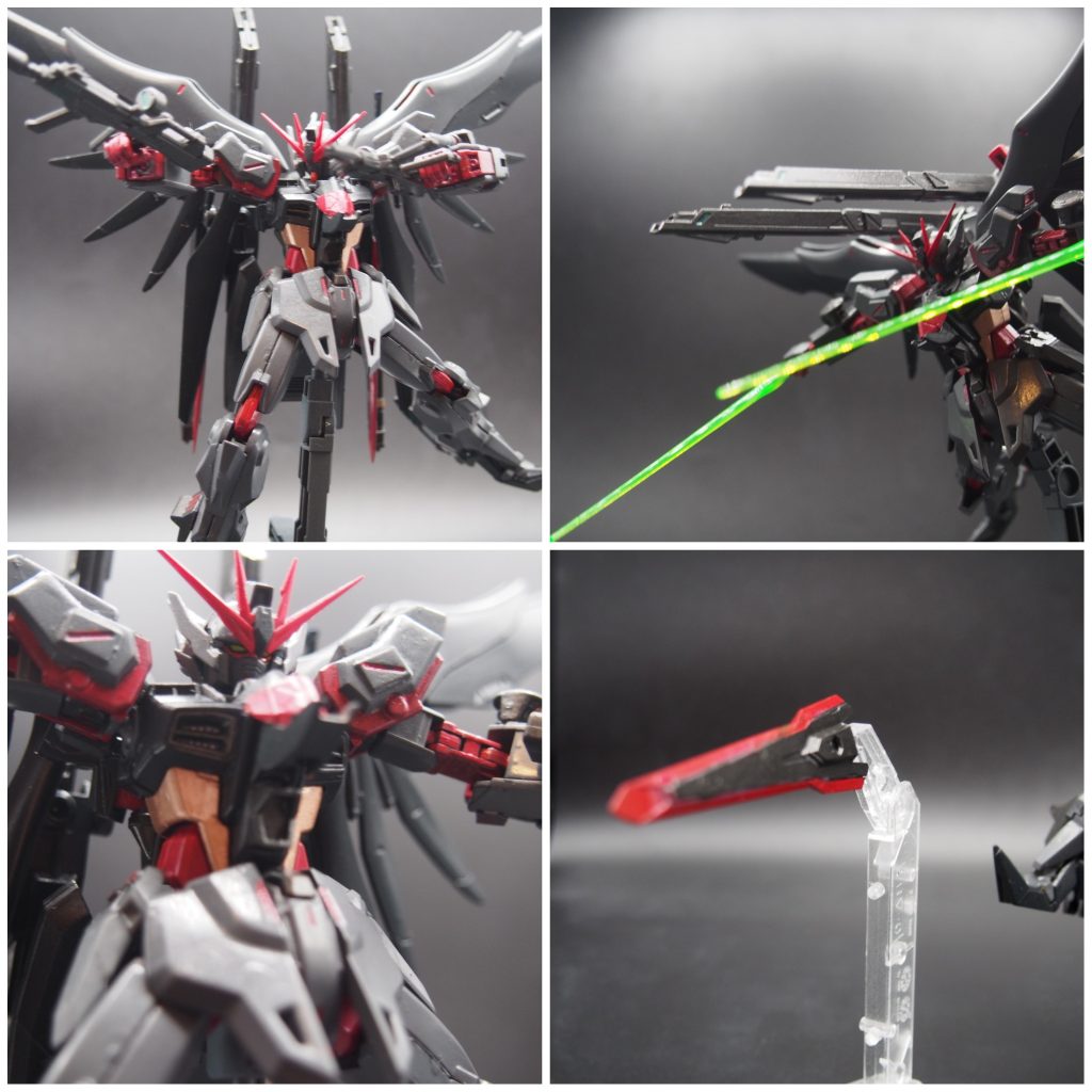 火力武装(左上から)MA-BAR73/S 高エネルギービームライフル×二丁…デスティニーガンダムのビームライフル。2丁携えているM2000GX 高エネルギー長射程ビーム砲×二門…デスティニーガンダムの最大火力武装。独自にエネルギーパックを備えているため、本体のエネルギーを食わないが残弾ありMGX-2235 カリドゥス複相ビーム砲…ストライクフリーダムの最大火力武装こちらは残弾は無いが本体直結のため連射が効かないVファンネル×二セット…AGE-ⅡマグナムのFファンネルをベースにドラグーン要素のビーム機構も備えている基本的にSEEDシリーズのビーム兵装で固められている