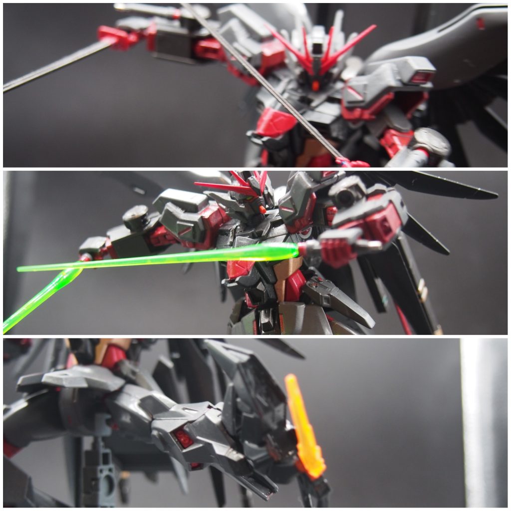 近接武装(上から)菊一文字/虎徹…戦国アストレイの武装本家と同様にビームを斬れるビームサーベル…ガンダム4号機のものを使用RQM60F フラッシュエッジ2 …デスティニーガンダムの簡易式ビームブーメランを踵部に搭載。敵の不意をつける