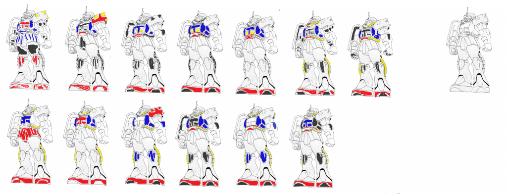 配色に関してはガンダムみたく白を基本に赤青黄色で塗ろうと思ったものの・・・どう塗ってもザクはザクであることに変わりはなくガンダムにはなれなかった少しでもカッコ良く見えるように試行錯誤しました。