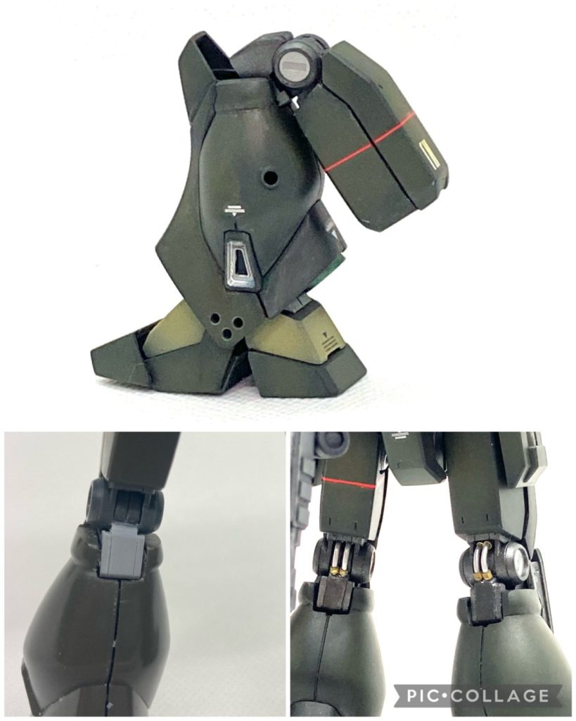 膝関節です。干渉する部分を削り、最大限曲がるようにしました。ポリキャップが露出するので、プラ板をかぶせてディテールを追加。設定にある膝裏のパイプはアルミ線と真鍮パイプで再現。関節内部を削り取って可動に干渉しないようにしました。