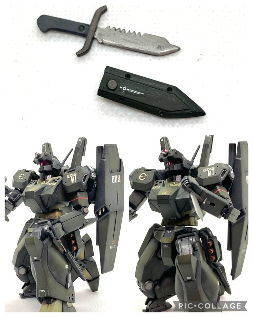 最後にダガーナイフです。コンロイ機のキットに付属しているのですが入手困難なためプラ板で自作しました。左脚に装着。膝立ちの狙撃姿勢中に襲われた際にサッと抜き取って応戦できる仕様です。コンロイ機のキットのダガーナイフは鞘に刀身を収められない、ちょっと残念な仕様なので、その点、自作ナイフのほうが再現度が高いので満足です(^^♪