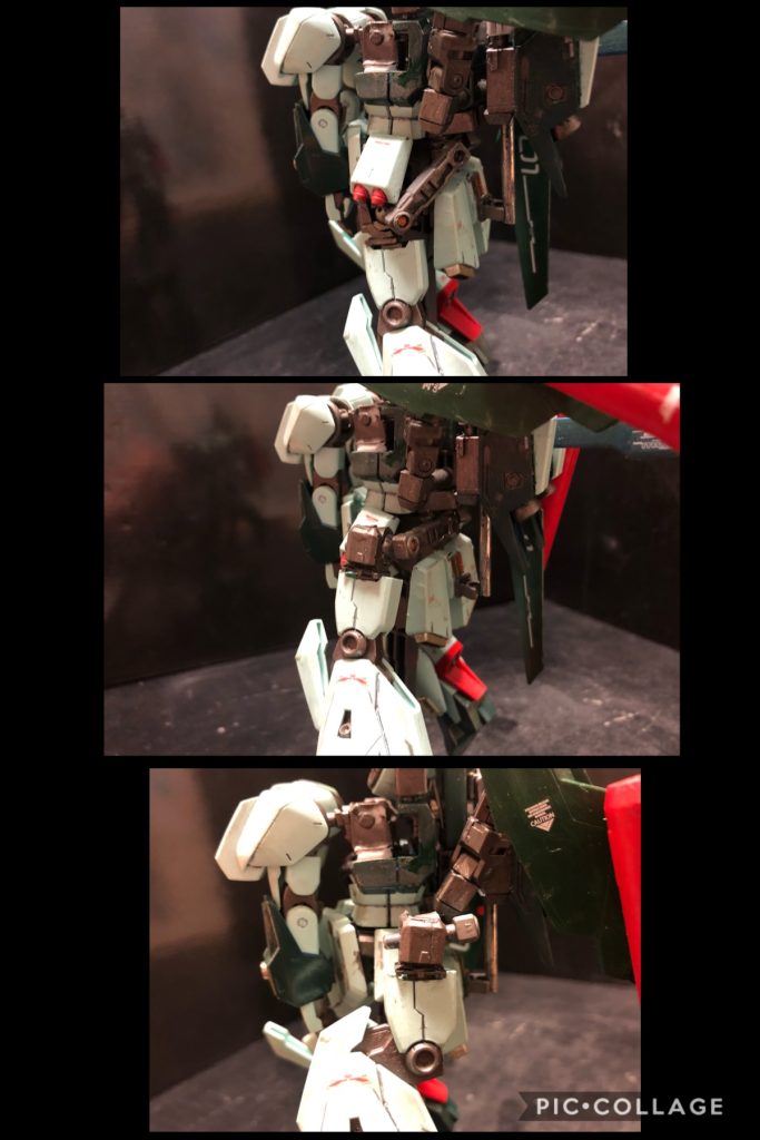 ④ バックパックの変形バックパックはレールに沿って後方に移動するだけ。その際にレールを腰パーツにロックする事でWR時の剛性を強める事が出来ます。バインダーはジョイントパーツで軸を回転しつついい位置に移動出来る様になってます。ジョイントパーツのチカラです。便利ですコレ。