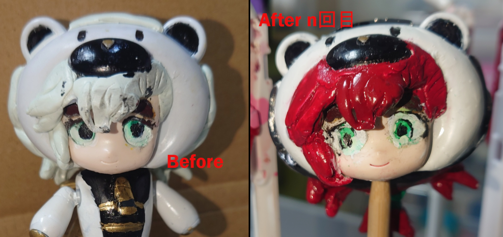 工程３その後前髪をパテで作り、目の着色１回目（Before）その後直すこと７回以上……（After）ここからさらに細かく調整、瞳を描くのはまだまだ難しいです。ーーーーーーーーーーーーーー