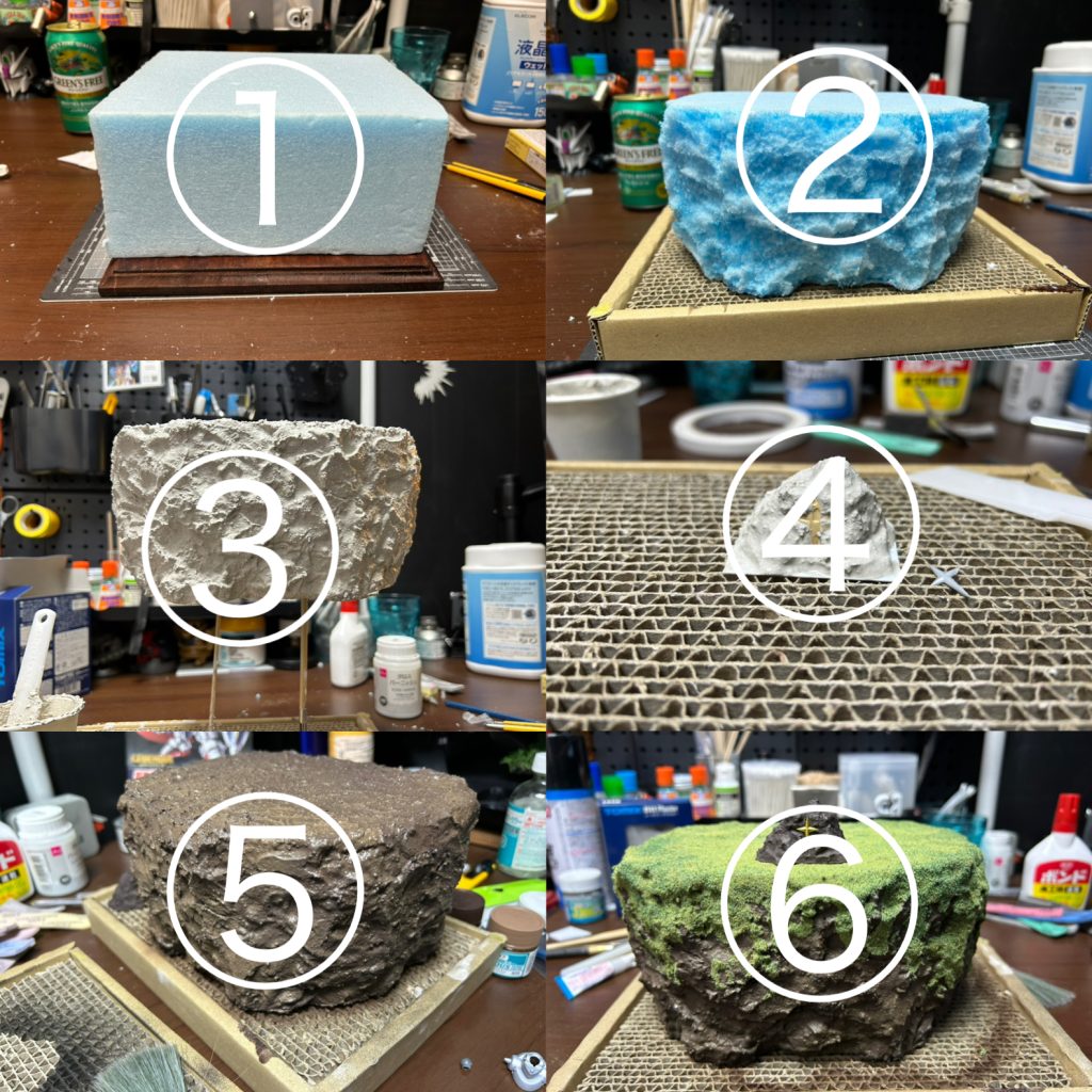 崖というか…岬の先端というか、そんな感じなものをイメージして制作。①スタイロフォームを切り出して、②ちょっと危険な方法で外周を成形。③鉄道模型なんかで使われてるシーナリープラスターを塗る。④乾燥待ってる時間でパテの余りをベースにしてスピア⑤水性塗料で色つけて、⑥ボンドでベトベトにした上に草っぽい粉を満遍なくぶっかけて完成。息子が騎士ガンダムカッコいいって言ってたので出来上がりを見せようと持ってく移動中にひっくり返してしまいました。結構いい感じの破滅の音が聞こえましたが思ったより欠けず、頑丈でした。