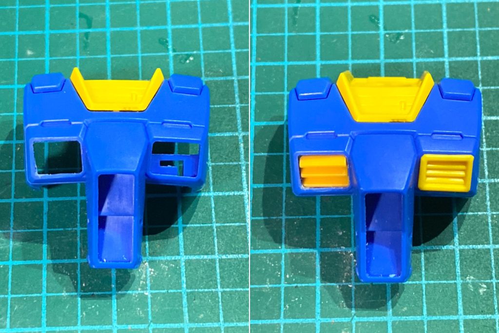 以下、制作工程です。オリジン版シリーズは可動、スタイルともに優秀でほとんどいじるところがないので、好みで改修しました。胸部ダクトは、フィンが胸に埋まってるタイプが好きなので、ダクトの基部をくり抜いて、リバイブ版のフィンを移植しました。このままではフィンというより階段なので、ガンキャノンと同様にタガネで掘って擬似フィンに加工しています。