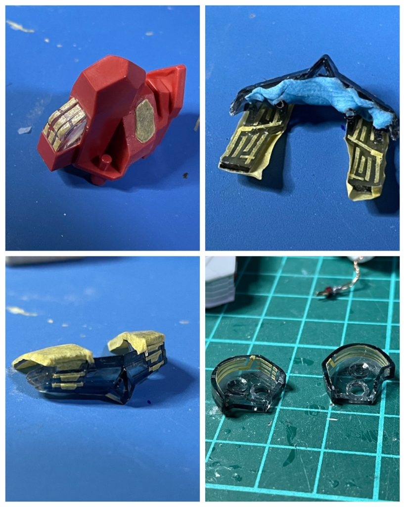 シェルユニットは細いマスキングテープで模様を作りました。マスクしていない箇所を黒で塗装して遮光しましたが、胸や脚の部分はあんまり綺麗にはできませんでした🥲