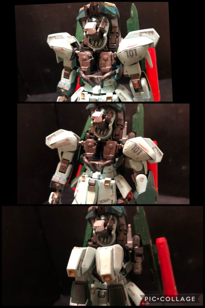 ③ 脚部の収納脚部そのものはキットのままです。膝部をZガンダムとは逆のクランク状に折り曲げ足首を収納します。そしてココが大きな特徴なんですが、腰部に直接繋がってるジョイントパーツで本体の側面に脚部を移動させます。ここは以前のものを大きく改修した場所になります。以前は本体と脚部が離れすぎてて不自然な感じだったのですが、改修した事でだいぶ自然になりました。