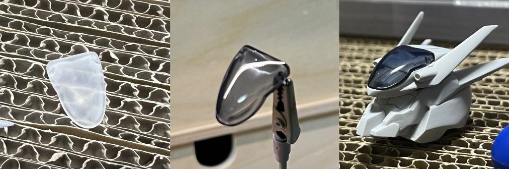 頭部シェルユニットの塗装です。神ヤス10000番まで磨いクリアブラックを吹いたらかなり既存パーツっぽくできました、この方法なら今後の水星キットにも使えそうです。