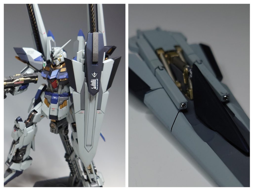 【シールド】[設定]　デルタカイ専用のシールド。　ビームサーベルは収納時に　ビーム・キャノンの砲身としても機能する。・元のキットよりも小型化しました。　ビーム・キャノンの砲口には　つぶし玉を埋めています。