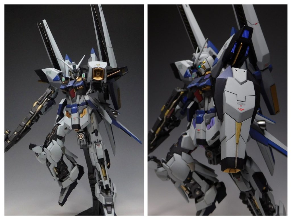 【ハイ・メガ・キャノン】[設定]　本ユニット内から直接供給される　大量のエネルギーを極限まで圧縮充填し　一挙に開放する広域兵器。・元のキットではシールドに取り付ける　タイプだったものを単体でも装備　できるように改良しました。　砲口は丸ピンソケットを埋めています。