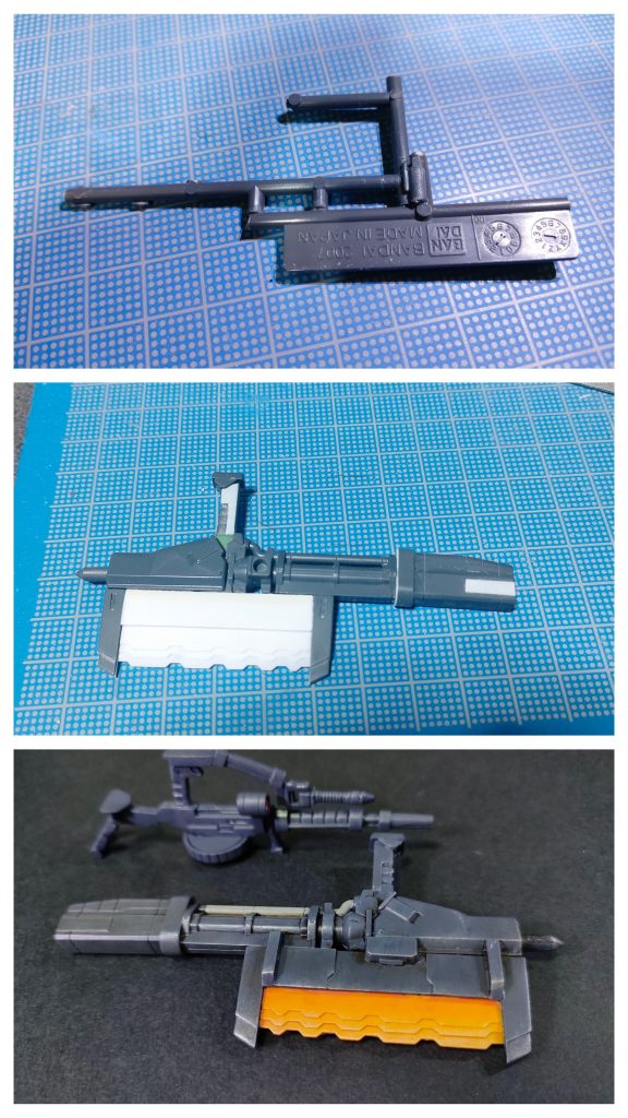 パイルバンカーはランナータグとランナーを組み合わせてジャンクパーツとプラ版を張り合わせて作製ザクマシンガンはマガジンを自重落下式に換装