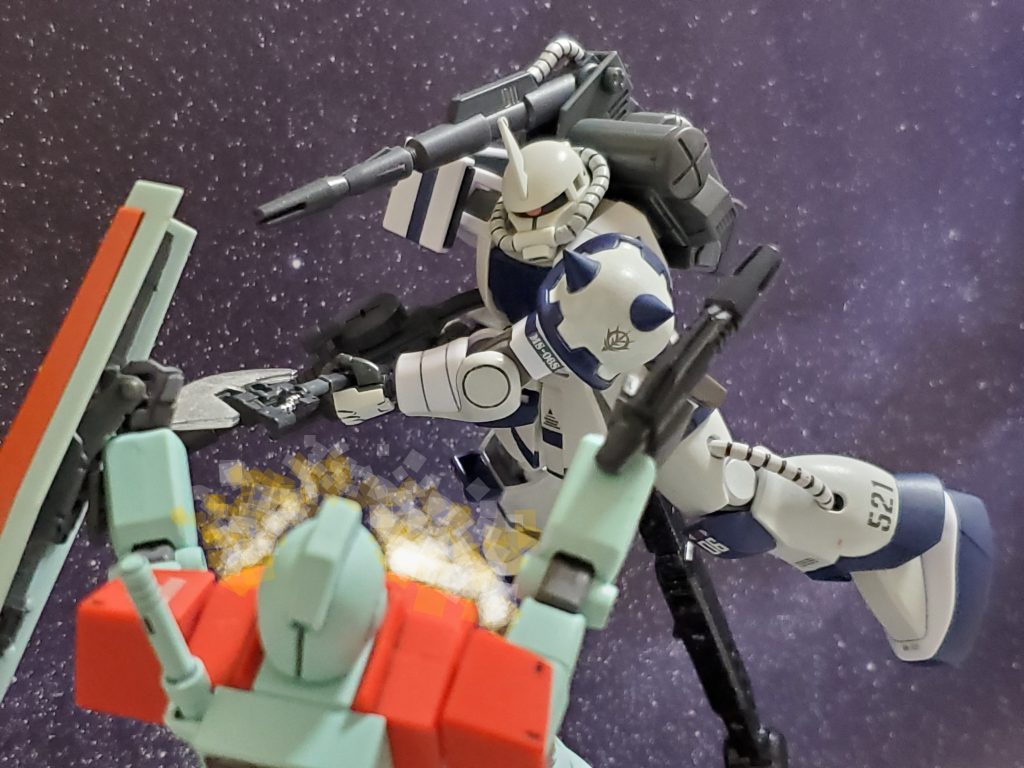 護衛のMSを次々蹴散らす特殊攻撃部隊🎶バウアー中佐の前に１機、また１機と散っていくジム💦