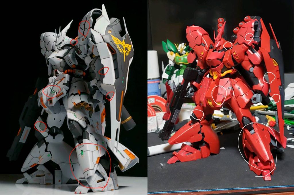 比較画像。気に入っている箇所にはマルを付けています。・シールドと頭部の1部を切り抜いて形状変更・筋彫りによるディティールの追加筋彫りは間延びしている箇所の密度を濃くすることを第一として、いかにも筋彫りしていますアピールを感じさせない自然なラインを心がけました。