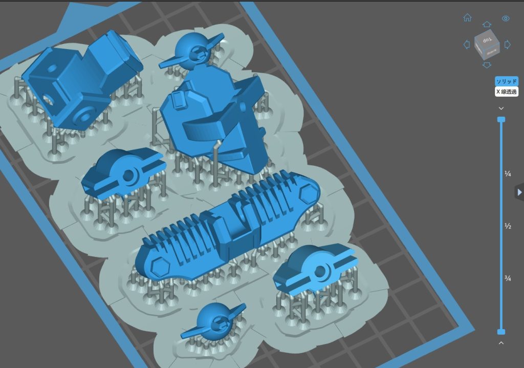 バンダイ製1/100キットと同様に、既存プラパーツと組み合わせる為の追加部分を3D-CADモデリングしてから光造形でプリントしました。二次硬化後は普通にガレージキット感覚で成形、塗装なども出来ます。