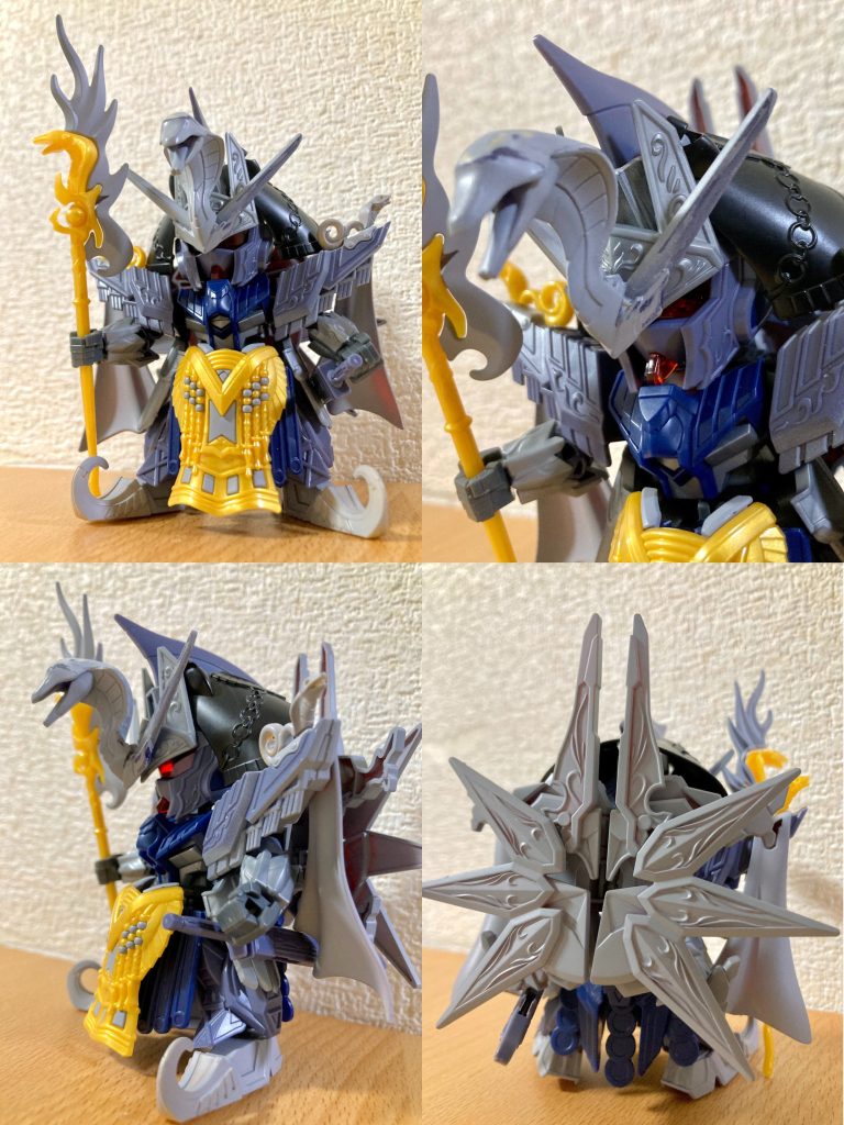 シーザーの素体をベースに、クレオパトラの古代エジプトらしい装飾を随所に取り入れ、全身金ピカと青のストライプに塗装する事でそれっぽい雰囲気に仕上がったかなと思います。獅子との合体ギミックはシーザーレジェンドのものをそのまま使用し、背部ドラグーンはエジプト神話に関連付けて太陽神っぽいカラーリングで設定しました。両キットのニコイチで作る、というコンセプト先行のため明確な演者モビルスーツの設定はありませんが、ふんわりとファラオガンダムという枠組みで王名に因む15世の名称を付けさせて頂きました。