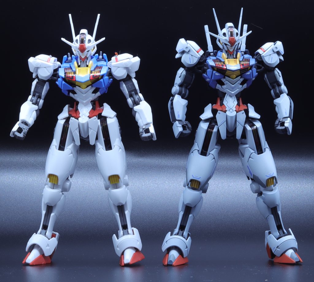 素組(子供作)と比較。・肩ブロックを角度つけてカット。胸を張れるように改造。・腕部は1ブロックカットして短縮、腕を少し短く。・ウエスト2mm延長。違和感あったので腹部の白パーツ延長。・股関節軸は定番の上下反転。スキマが気になったので サイドアーマーの軸を切り離して反転、取付位置を調整。・サイドアーマーは上部へ1mm延長。カラーは・白→黒下地にエアリアルホワイトとニュートラルグレー2 …これはニュートラルグレー1にすれば良かった。・黄→ブラウン下地にらいとおれんじ(ガイア)・赤→黒下地に焔色(ガイア)・青→黒下地にブライトロイヤルブルー(ガイア)うっすらグラデ塗装してますが、加減が分からず意味無かったかも?下手くそなんでご了承ください。