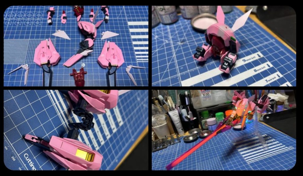 続いてうさみみモビルアーマーへの変形。一旦バラバラにして変形用のパーツと差し替えていきますが、結構複雑です…塗装接着してるので気を使いますね^_^;