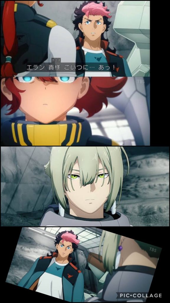 グエル「おい！水星女！おまえは何をやってる！？御三家は敵なんだぞ！」スレッタ「グ.....、グエルさんも御三家です....。」グエル「〜〜〜っっ！！」エラン「ああ、グエル。丁度良い。スレッタとの決闘の前に、君に決闘を申し込みたかったんだ。」グエル「なんだと！？」エラン「グエル・ジェターク、君に決闘を申し込む。僕に勝ったら好きにしていい。」グエル「なんだと！？受けてやろうじゃねえか！」スレッタ「ええええーーーっ！？グエルさん！負けたら3連敗....ですよ〜っ！？」グエル「うるせええーー！！”進んだら２つ“じゃねえのかよ！？」エラン「決まりだね。僕との決闘を待っているといい。スレッタ・マーキュリー。」グエル「てめえ！その前に俺に勝てると思うなよ！？」スレッタ「グググ、グエルさん、その台詞って..負けフラグ....です。」グエル「うるせえぞ！水星女ーーー！！」スレッタ「ひゃああー！ごめんなさいー！」グエル「あ！待て！この水星女があーーっ！！」−地球寮−スレッタ「っていう事になってまして...。」ミオリネ「なによそれ！アンタは私の許可もなく、決闘を受けるんじゃないわよ！」スレッタ「ご、ごご、ごめんなさいっ！」ミオリネ「だから私は反対だったのよ。御三家とデートだなんて。」チュチュ「しっかし、デートが決闘になっちまうなんてなあ〜。どうなってんだよ、おまえ。」アリヤ「でもその前に、スレッタを巡って御三家同士で決闘するんでしょ？」リリッケ「熱いわね〜っ。ふふふっ。」ミオリネ「笑い事じゃないわよ！どうすんのよ！」スレッタ「どどど、どうするって..！私...、決闘...します！」ミオリネ「相手はどっちになるのよ！」スレッタ「あ...相手はどっちでも、いいです。私、決闘、します。逃げたらひとつ、進んだら、ふたつ、です。」ミオリネ「ハア、そう言うと思ったわ。でも相手は御三家よ。対策はしなきゃ。」チュチュ「でも、相手はどっちになるかわかんねえんだろ？」スレッタ「どっちでも、いい、です。」ミオリネ「問題はエランね。エランのMSの情報が無いわ。」チュチュ「グエルとの決闘で出て来るだろ。」ミオリネ「そうね...。でもそれじゃ対策が遅れてしまうわ。」チュチュ「情報....ねえなあ。」ニカ「あ、それなら、あるわ情報。」ミオリネ「え？」ニカ「この映像を見て。」ミオリネ「これは...！見た事ないMSだわ！」ニカ「コレが御三家、エラン・ケレスのMS、ガンダム･ファラクト。高機動かつ遠距離狙撃メインのMSよ。」