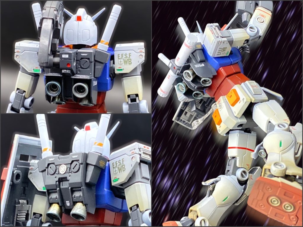 ショルダーキャノンは外すつもりでしたが、ついでに作ったら思いの外カッコ良かったので捨てがたく、サーベル2本差しと両立して装備可能な強化版バックパックを自作。時代を超越しないよう地味めに抑えつつバーニアも増設しました。ただし、今回のコンセプトでは蛇足なので、増加パーツを付け外しできるようにしています。プロペラントタンクも取り付けられるので、後々宇宙に上がった際の追加装備として、その内使いたいです。RGジオングもゲットしてありますし。