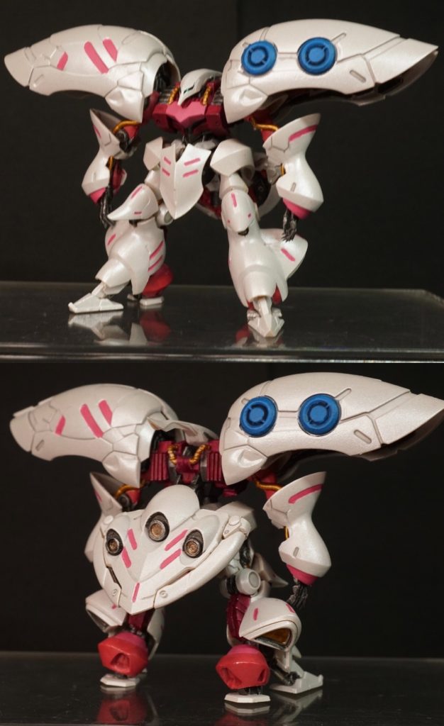 キュベレイ。造形村のシャインパールパウダーを使ってパール塗装しています。照明を追加したおかげで前よりパール感が写りやすくなりました。ファンネルラックにある平らな凹みが寂しかったので、コトブキヤのディティールアップパーツを使ってバーニアを追加しました。