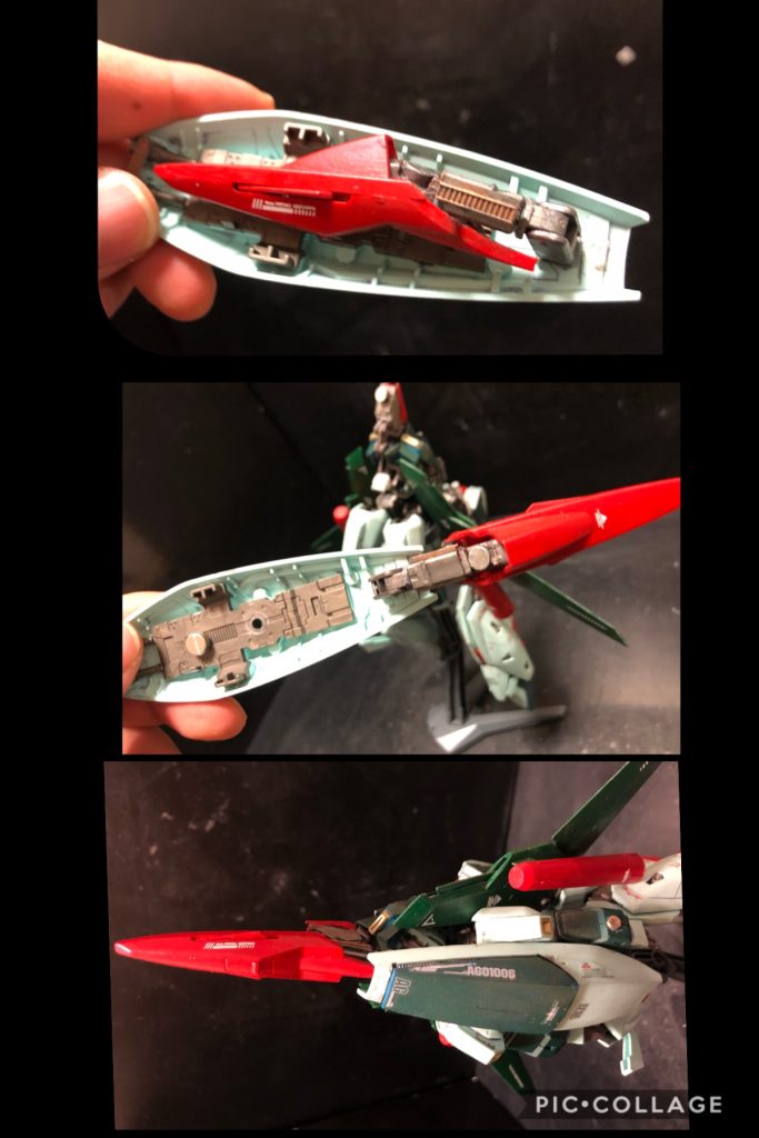 機首のパーツは薄くないのでパーツが目立ってしまうかと思いましたが、シールドと腕を接続するジョイントとして使用する事で自然な感じになりました。腕にシールドを接続したまま、自由にシールドを構える事が出来ます。