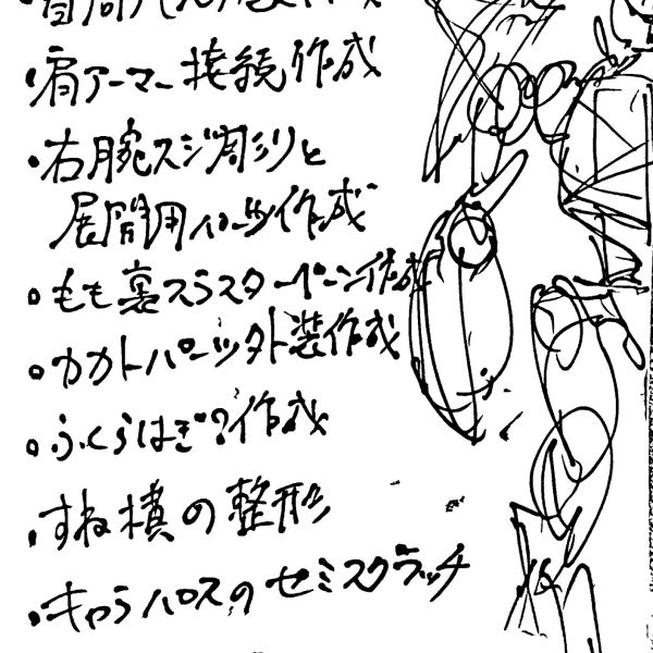 1/144 ターンXの改造の進捗。と、言ってもほぼゼロですが。作業中のターンXを眺めながら、電子メモ帳にざっくりとやることを書き出しました。いろいろあるけれども、行うべき改修の作業量は少し見えたんじゃないかなと思います。毎度毎度作業時に今日は何しようかな、だと進みませんし。今年のなるべく早めに完成を目指します。（3枚目）