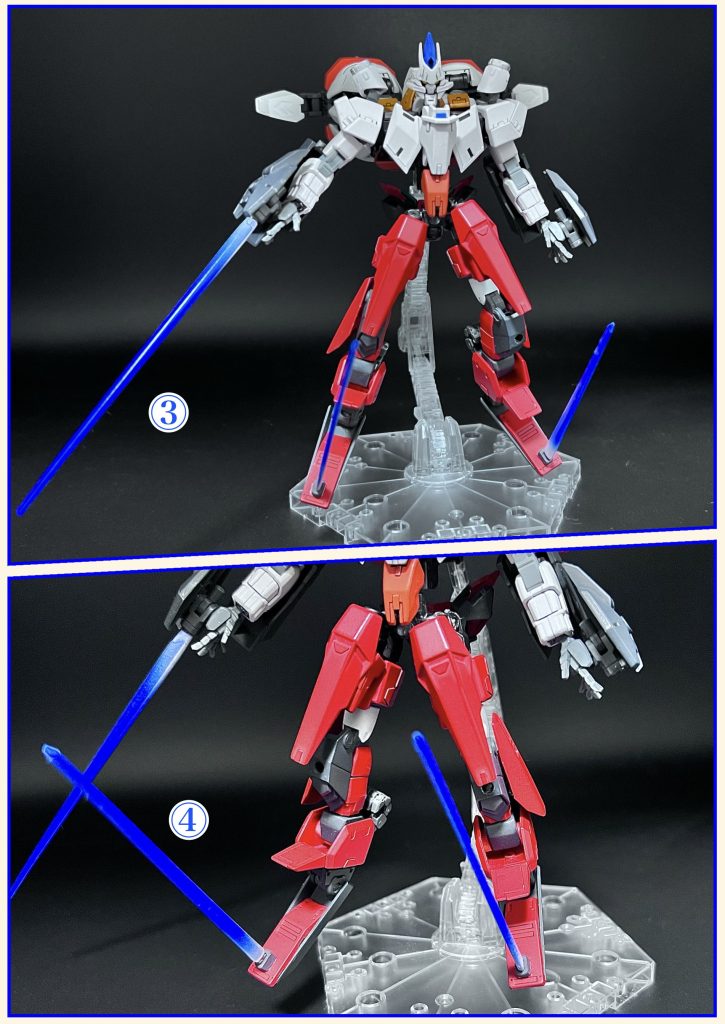 ③ビームエッジ高出力のビーム刃を形成された青色のビームサーベル。④ビームエッジ(足)両つま先に隠し武器として装備し、蹴りと連動して斬撃が可能とするビームサーベル。修正型に合わせて後からつけられた。