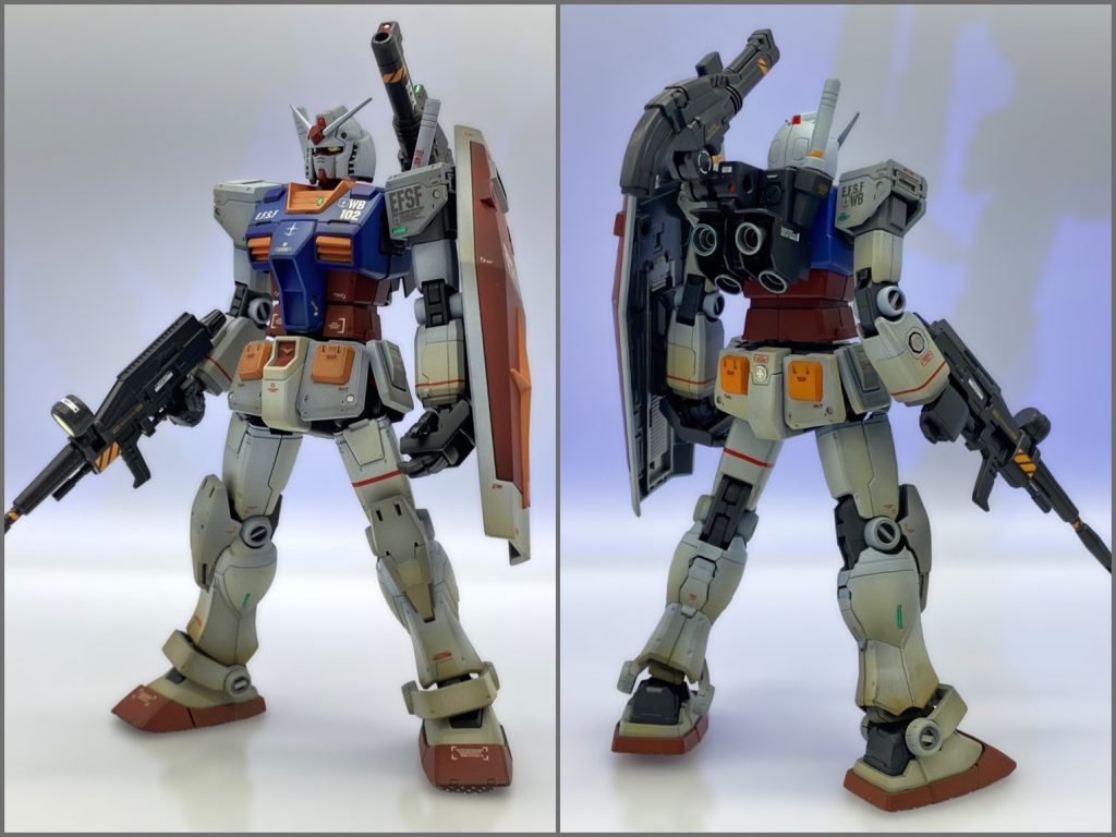 前期、中期にはこだわらず、旧来のガンダムに近いパーツを選択しました。腕はシンプルなリバイブ版に変更。膝関節横の○パーツがふくらはぎパーツにくっついて膝から離れるのが気になるので切り落とし、リバイブ版の○イチを膝横に接着しています。胸ダクト、サーベルも好みでリバイブ版に変更。その他エッチングパーツやセンサーを貼り付けて細かいディテールアップを少々。