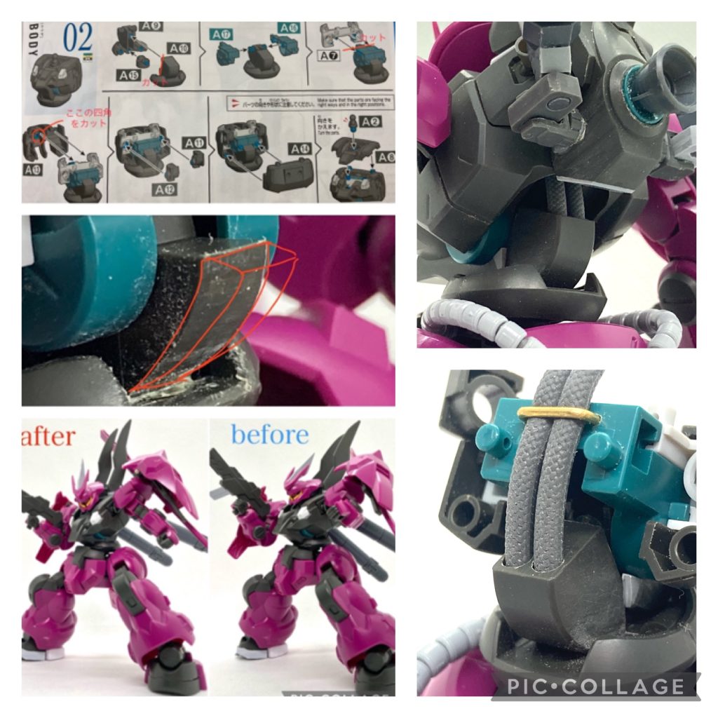 腹部関節まわりの干渉部分を削り取ることで、より深く前屈できるように改修。前屈させると背面のボリュームが上に移動して腰のくびれができてスマートな印象に。背面にできたすき間には軟質素材のケーブルを仕込みディテールを追加。