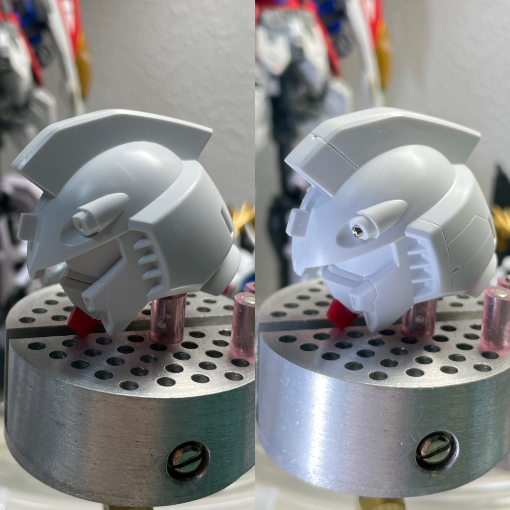 頭部はスジボリ追加。バルカンの砲身にはメタルパーツを埋め込みました。