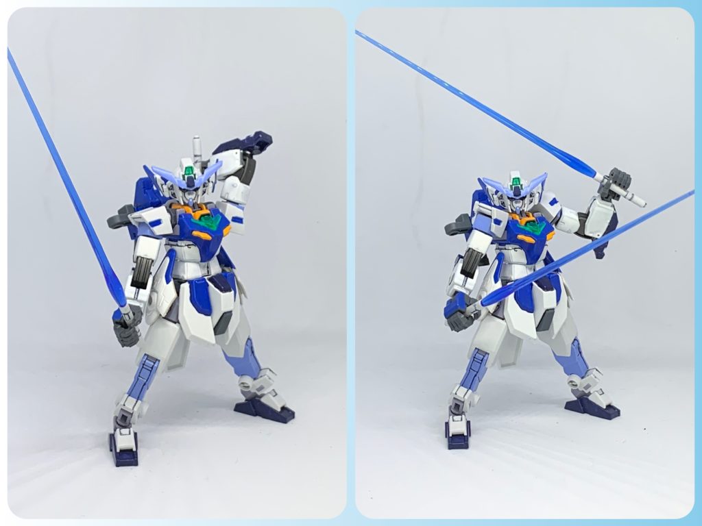 ビームサーベルはガンダムルブリスから。本体カラーは青がフリーダムブルー、ソードストライクブルー、ティターンズブルーを各部に、オレンジ部はハイネ専用オレンジ。