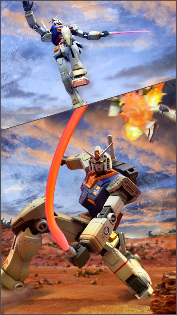 第1話ガンダム大地に立つより。ガンダムの戦闘シーンは名場面だらけで、どれも胸が躍ります😆気に入ってサムネにしたので再登場ですが、こちらはフル尺という事でご勘弁ください。ファースト作ると必ず取らせてしまいますねこのポーズ、ホント好き😊なお、背景以外のエフェクトや地面は自作した立体物を使用していますが、サイズ変更やぼかし表現で加工した写真を重ねた物であり、ジオラマではありません。