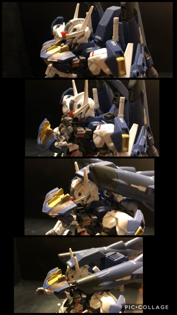 oyz「次の工程ね。ちょっと複雑な部分になるわよ〜。」チュチュ「勿体ぶるなよ。」oyz「脚の移動よ。可変改修型のエアリアルは、腰部に脚を接続しているの。可変時に脚の位置を前に持っていける様にね。えーと、腰部を180度反転してスカート後部を展開したら、脚の位置を調整、腰部を反らしてうんぬんして、脚を90度曲げたらこんな感じになるわ。」チュチュ「説明になってねーよ。」oyz「サイドアーマーを外した写真を載せておくから、なんとなくで感じてくれないかしら？説明が難しくて、お母さん困っちゃうなー。」チュチュ「おまえは、お母さんじゃあねーだろ。」スレッタ「(　ﾟдﾟ)ﾎﾟｶｰﾝ」