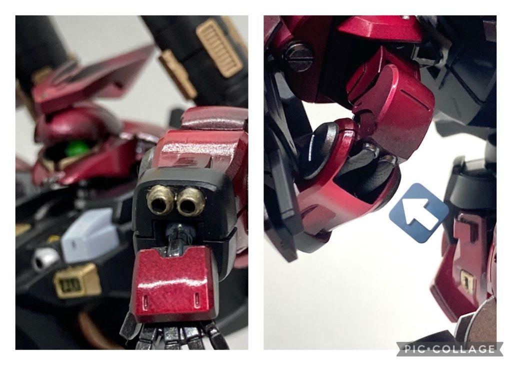 手首には速射砲を2門ずつ追加。致命傷を与えることは無理でも、ビームアンクルでの接近戦の最中に織り交ぜることで効果を発揮する。肘にはこの速射砲につながる動力ケーブルを仕込みました。ハンドパーツはビルダーズパーツのものに変更し、手首のスイング可動を追加。