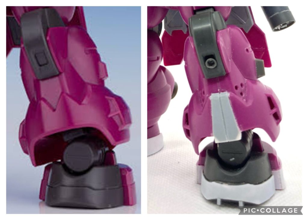 鹿の蹄のような丸い筒状の足はプラバンで段差を大きくして増幅。ジオン系MSのそれに近い形に改修しました。ギザギザのいかにもなアンクルアーマーの形状もプラ板と瞬着パテで変更。この辺のデザインはメッサ―などにつながることを意識してパチングなどのディテールも追加。