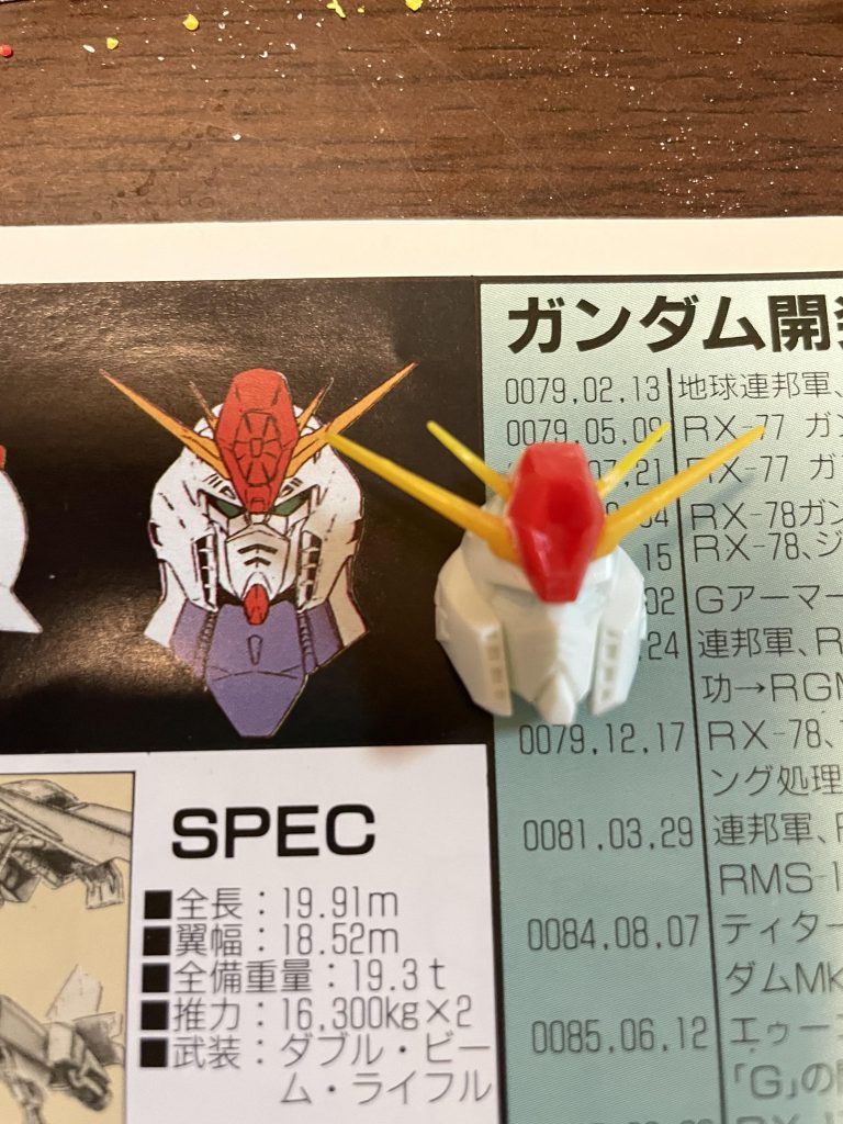 顔はアゴを一度切り離して再接着。ツノはMSヘッドから拝借し、元々のメインアンテナをサブにしました。