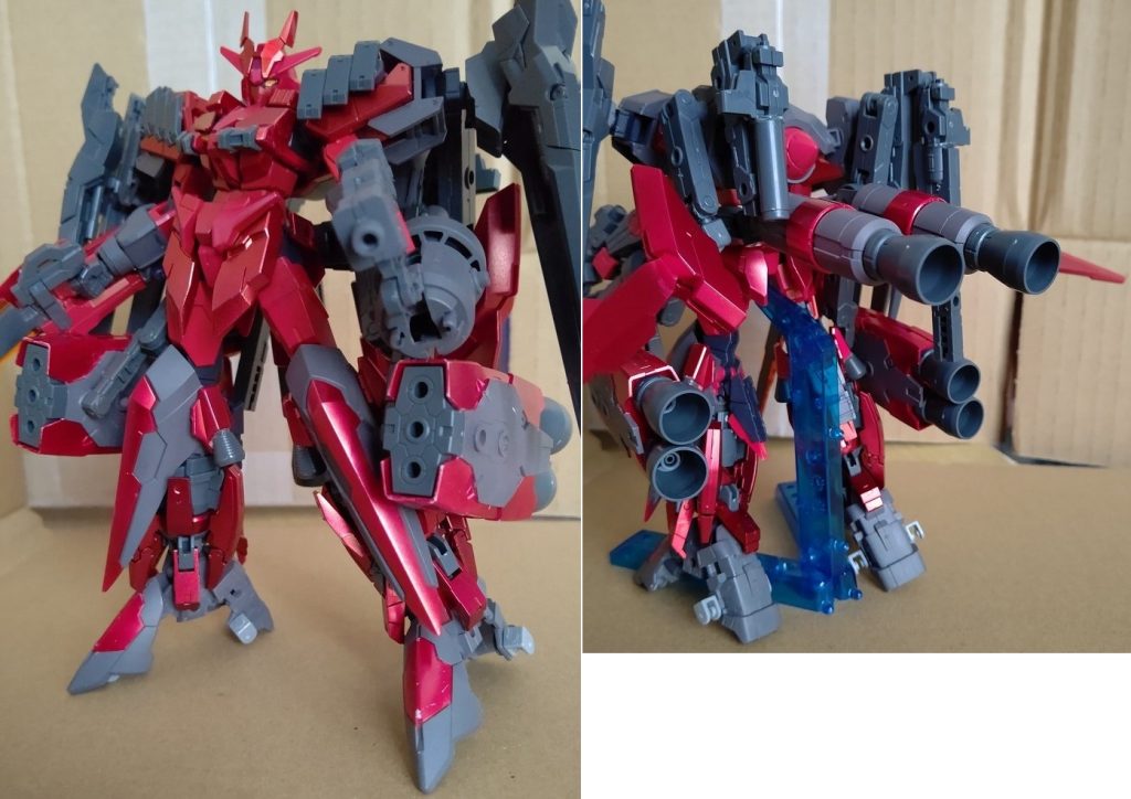 武装は頭部バルカン、ビームサーベル・ビームライフル・実体剣の複合兵装『ブレイズブレイド』、マルチレンジビームガン、背部レールガン、背部ビームグレネード、肩部3連装ビーム砲×2、ブースター3連装ビーム砲×2、脚部大型ビームクロー×2、小型ハンドグレネード各種(スモーク・フラッシュ・チャフ)と盛り沢山。増設したGNドライブ内蔵ブースターはフレキシブルに可動し、これだけの武装を抱えながらも凄まじい機動力を誇る・・・が、トールギスと同じ理論なので、最大加速するとパイロットへのGがヤバいことになる。まぁゲームの中って設定だし平気平気。